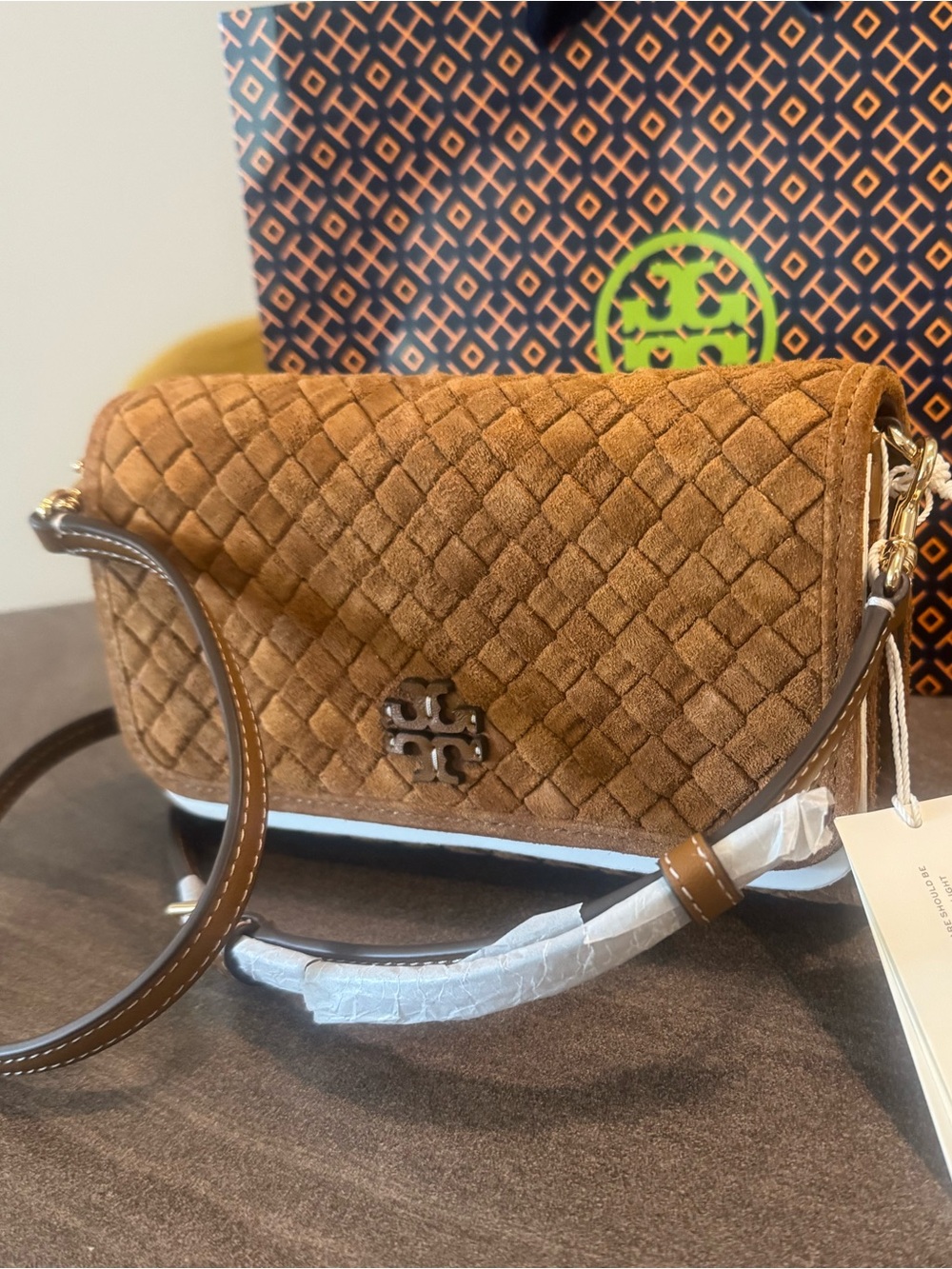Tory Burch Classy Brown Suede Crossbody bag with adjustable strap. GORGEOUS!